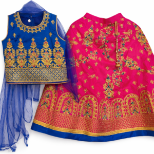 Blue and pink lehenga choli set with dupatta for girls