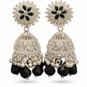 Traditional silver jhumka earrings with black stones and bead drops from Do Behan Boutique