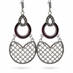 Oxidized statement earrings with maroon accent and intricate drop design