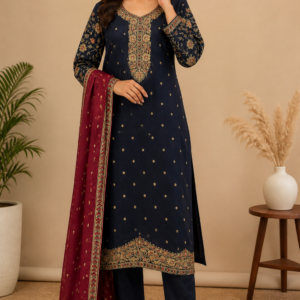 Navy blue embroidered kurta set with maroon dupatta worn by a female model