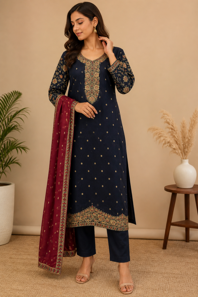 Navy blue embroidered kurta set with maroon dupatta worn by a female model