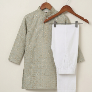 sage green embroidered kurta with white pajama pants