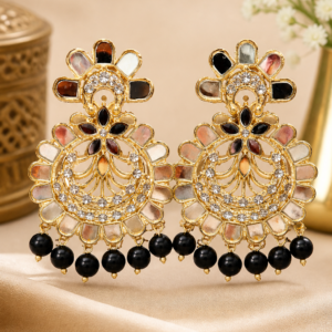 Gold chandbali earrings with mirror work and black bead drops