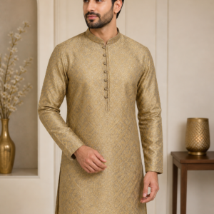 Man wearing gold brocade kurta with intricate woven pattern and mandarin collar