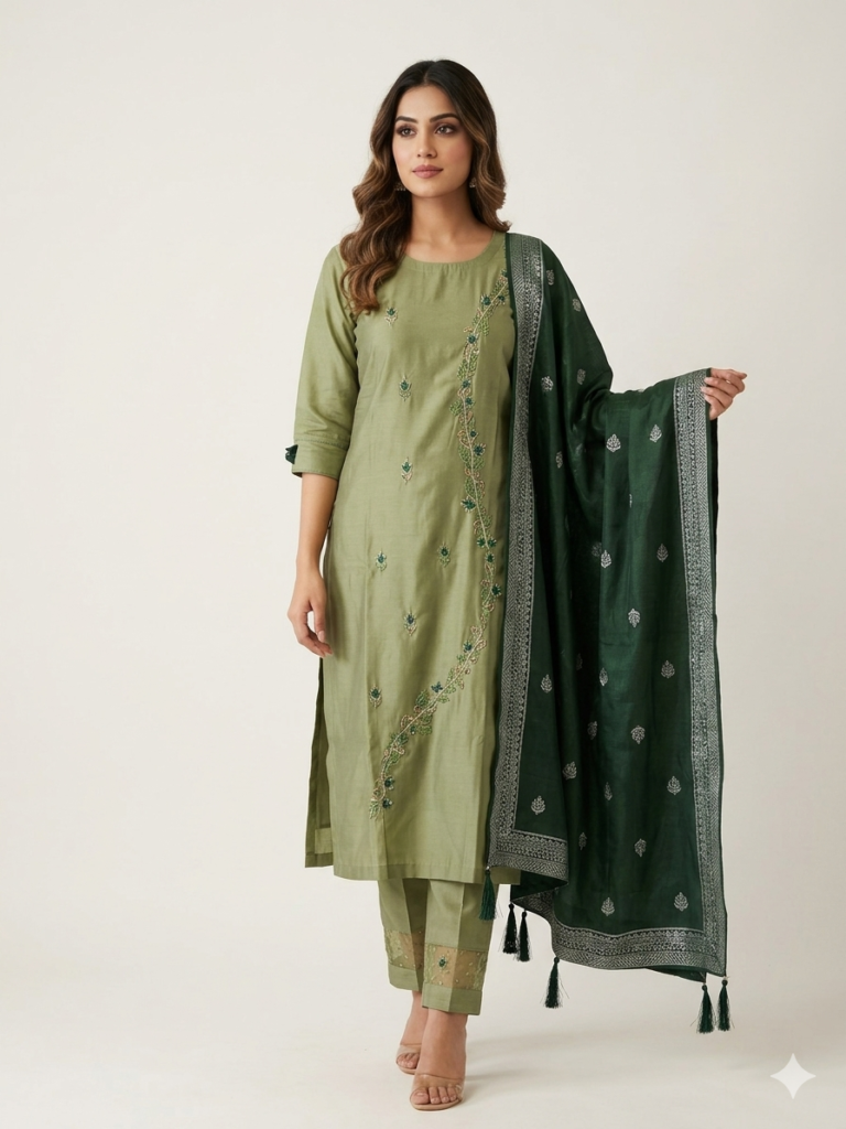 Woman wearing an elegant olive green embroidered kurta set with matching pants and a dark green dupatta featuring silver woven detailing and tassel accents, styled for festive and traditional occasions.