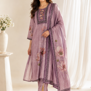 lilac floral 3 piece suit worn by female model.