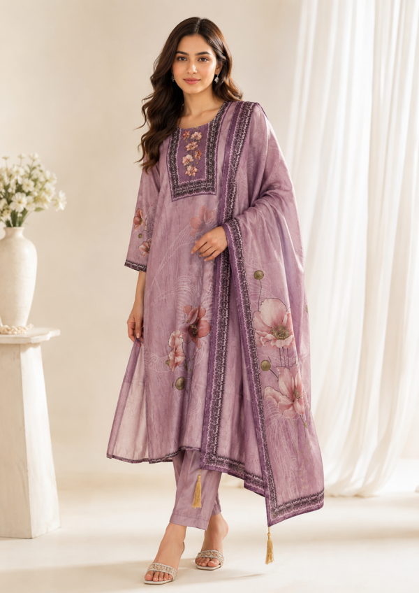 lilac floral 3 piece suit worn by female model.