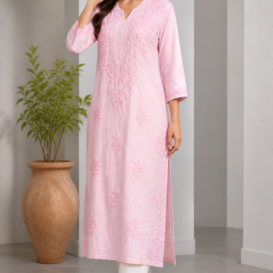 Blush pink embroidered kurti for women with floral detailing and 3/4 sleeves