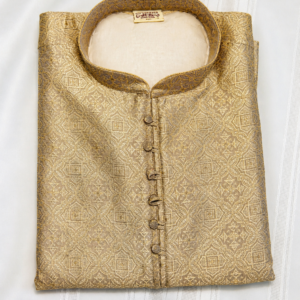 gold brocade kurta with intricate woven pattern and mandarin collar
