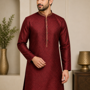 Man wearing maroon jacquard kurta with gold detailing and mandarin collar