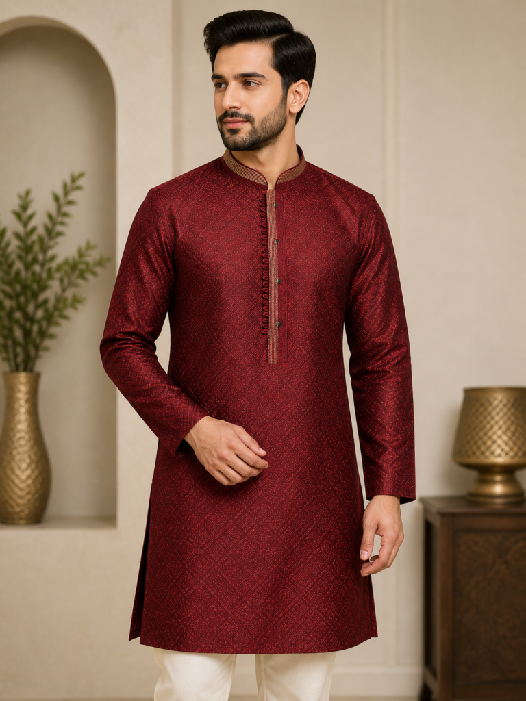Man wearing maroon jacquard kurta with gold detailing and mandarin collar