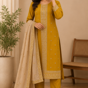 Woman wearing mustard embroidered salwar kameez with dupatta in elegant indoor setting