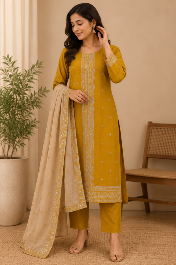 Woman wearing mustard embroidered salwar kameez with dupatta in elegant indoor setting