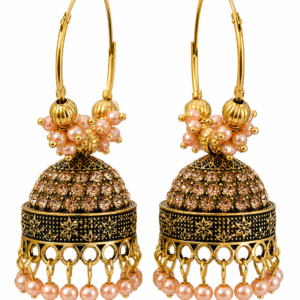 Gold jhumka earrings with peach pearl beads and intricate traditional design