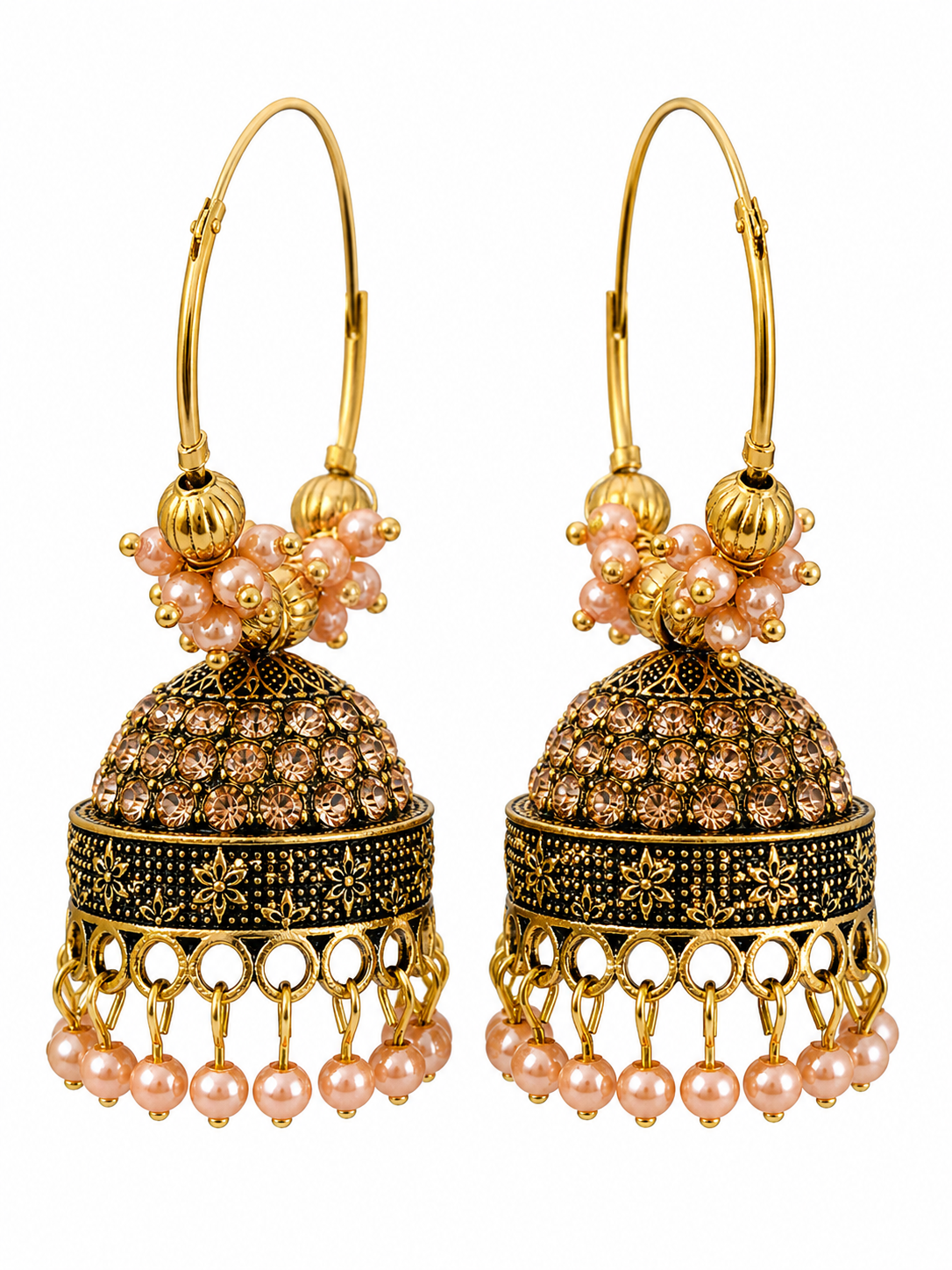 pink-jhumka-earring Gold jhumka earrings with peach pearl beads and intricate traditional design