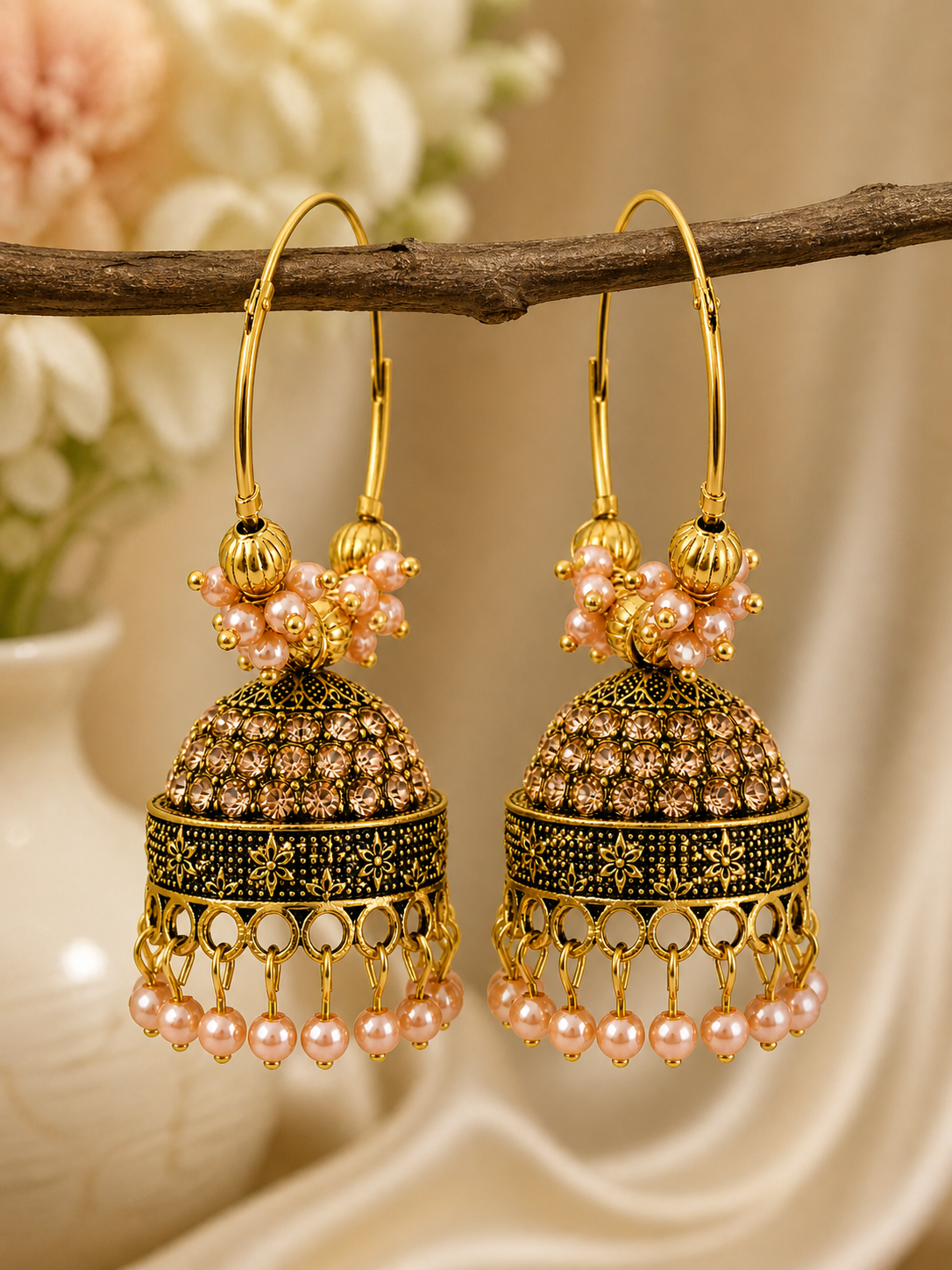 pink-jhumka-pearl Gold jhumka earrings with peach pearl beads and intricate traditional design