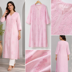 Blush pink embroidered kurti for women with floral detailing and 3/4 sleeves