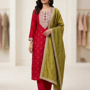 Women wearing red embroidered kurta set with olive green dupatta, festive ethnic salwar suit