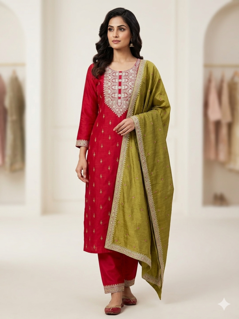 Women wearing red embroidered kurta set with olive green dupatta, festive ethnic salwar suit
