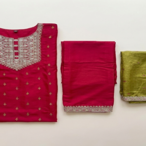 Red embroidered kurta set with olive green dupatta, festive ethnic salwar suit