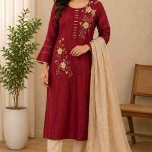 red embroidered kurta set with beige pants and dupatta worn by the female model