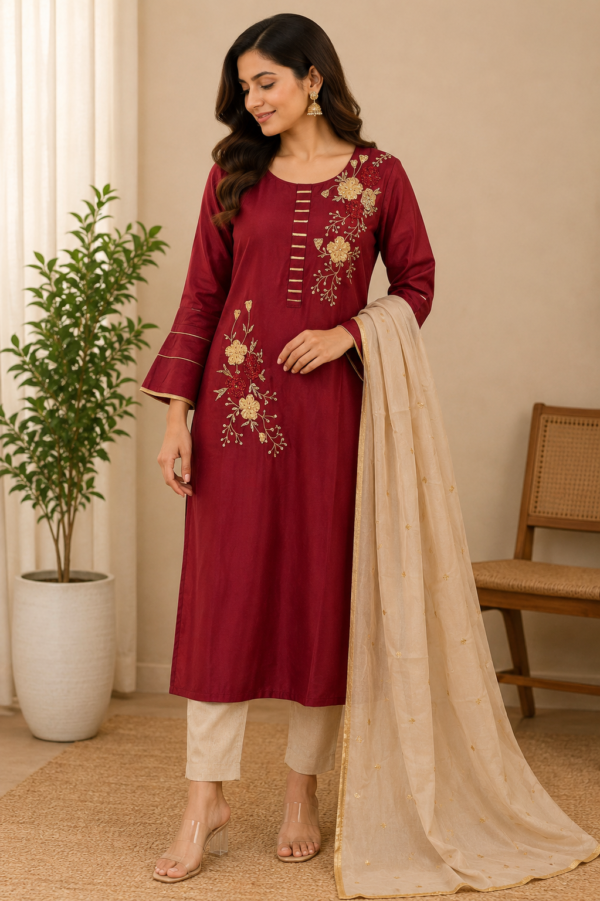 red embroidered kurta set with beige pants and dupatta worn by the female model