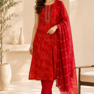 rajasthani inspired prints suit worn by Indian female model.