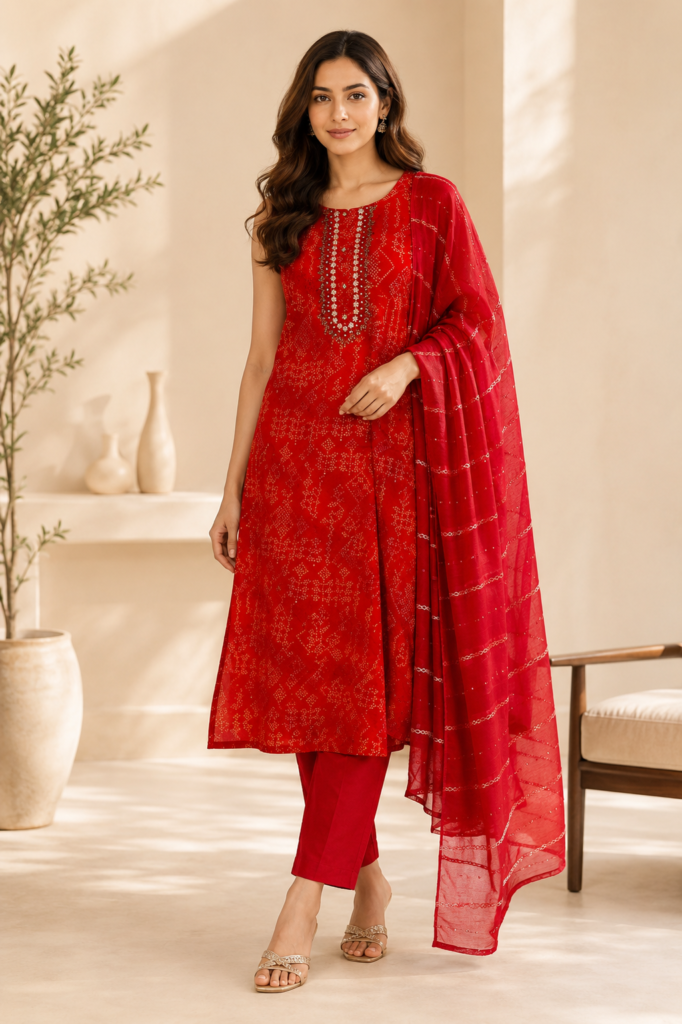 rajasthani inspired prints suit worn by Indian female model.