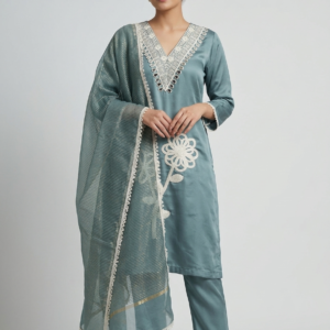 Women’s teal ethnic kurta set with floral embroidery and matching trousers