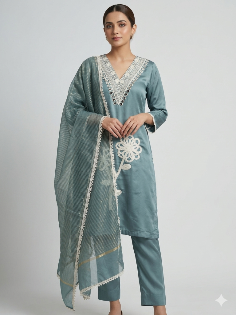 Women’s teal ethnic kurta set with floral embroidery and matching trousers