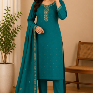 Teal embroidered salwar kameez set with dupatta worn by model