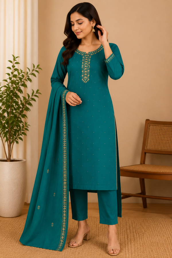 Teal embroidered salwar kameez set with dupatta worn by model