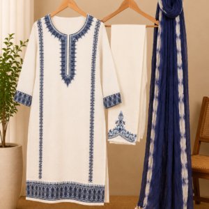 White and blue embroidered salwar kameez set with dupatta displayed on hanger for online store.