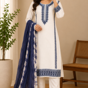 White and blue embroidered salwar kameez set with dupatta worn by a female model.
