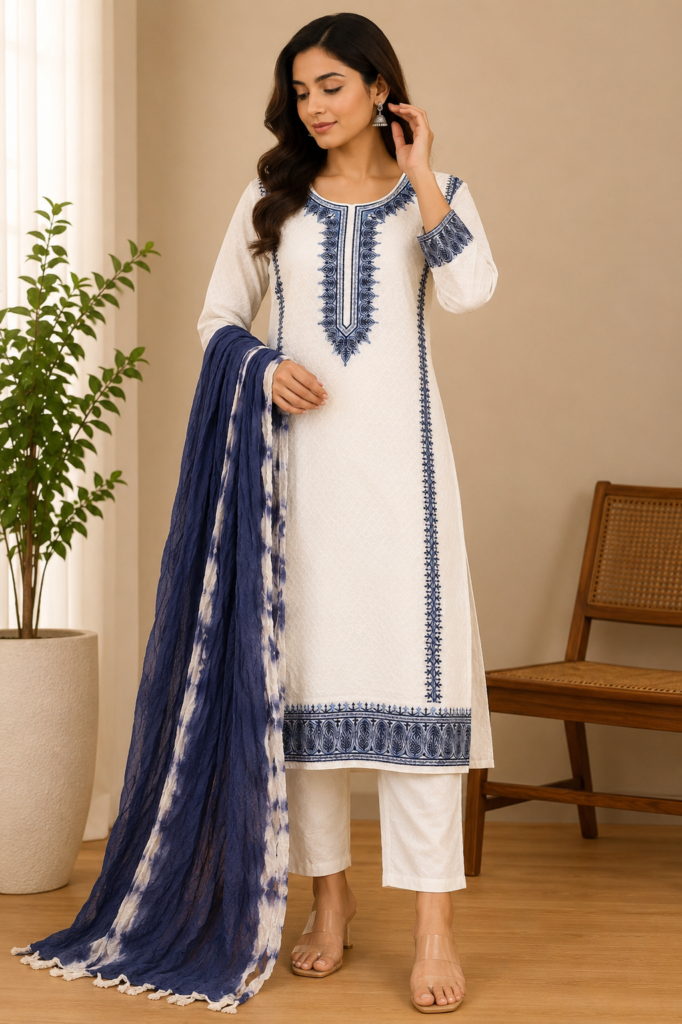 White and blue embroidered salwar kameez set with dupatta worn by a female model.
