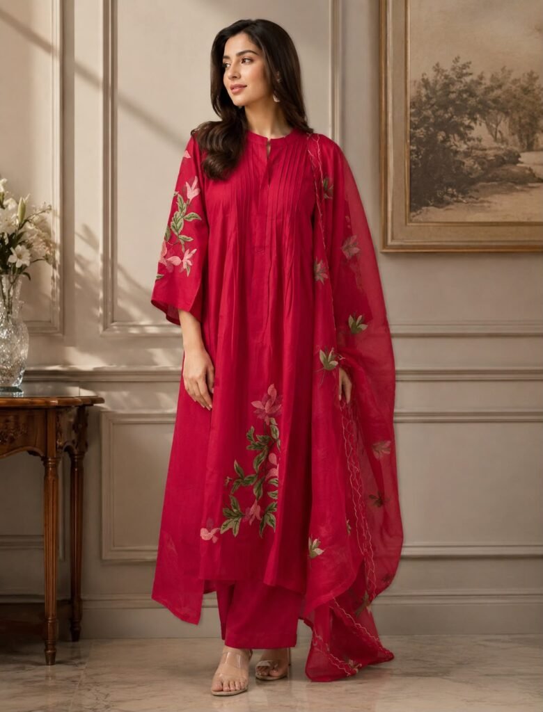 Elegant crimson red women's 3-piece ethnic suit set featuring a straight kurta with pintuck detailing, matching elastic waist pants, and a sheer floral organza dupatta, displayed on a model.